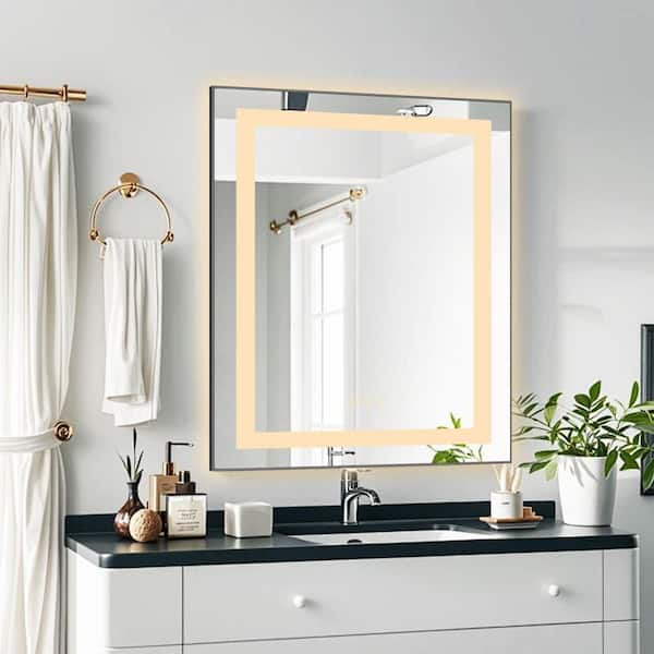 24 in. W x 30 in. H Rectangular Aluminum Framed Backlit and Front Light LED Wall Bathroom Vanity Mirror in Gun Grey