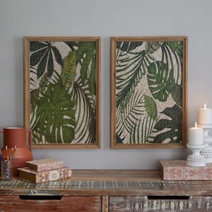 Wood Green Tropical Leaf Wall Decor with Brown Frame (Set of 2)