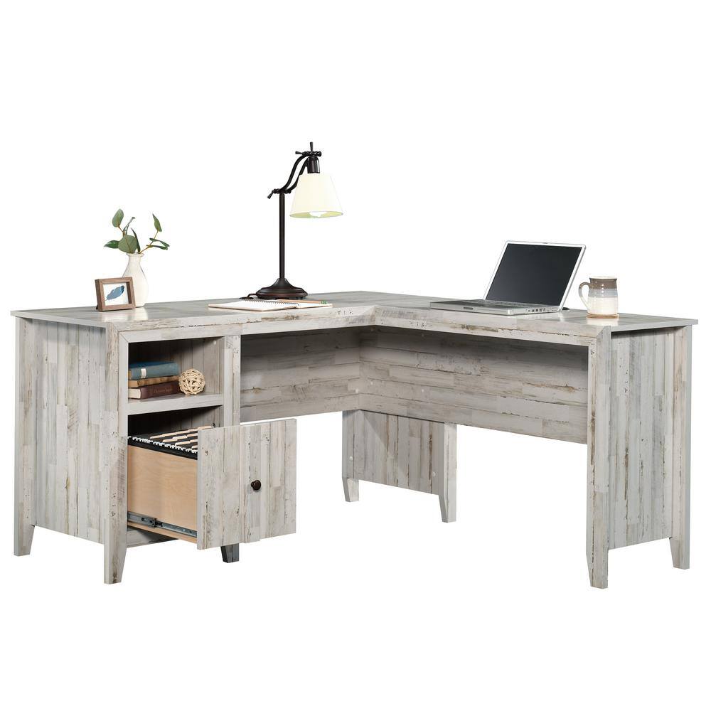 White Wood L-Shaped Computer Desk with Drawer and Keyboard Tray