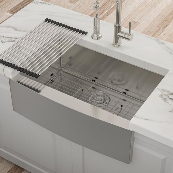 27 in. Farmhouse Single Bowl 16-Gauge Brushed Nickel Stainless Steel Kitchen Sink with Bottom Grids