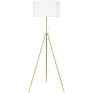 59 in. Gold Tripod Floor Lamp 100% Metal Body with Linen Round Shade E26 Socket