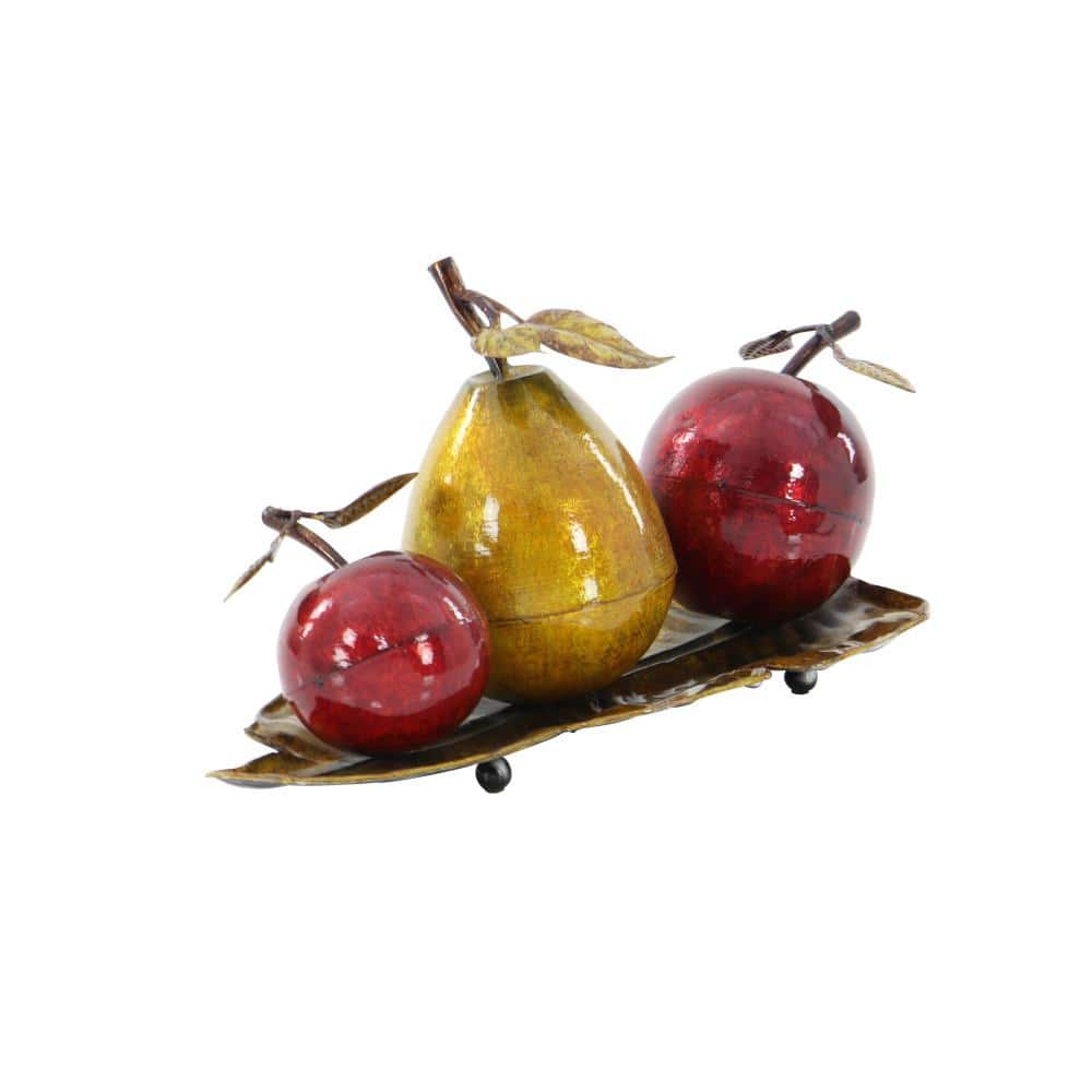 Glossy Red Apple and Yellow Pear Metal Sculpture on Leaf Tray