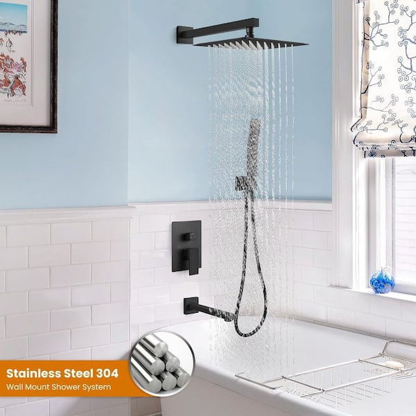 2-Handle 3-Spray Tub and Shower Faucet Combo Set with 10 in. Rain Shower Head in Matte Black (Valve Included)