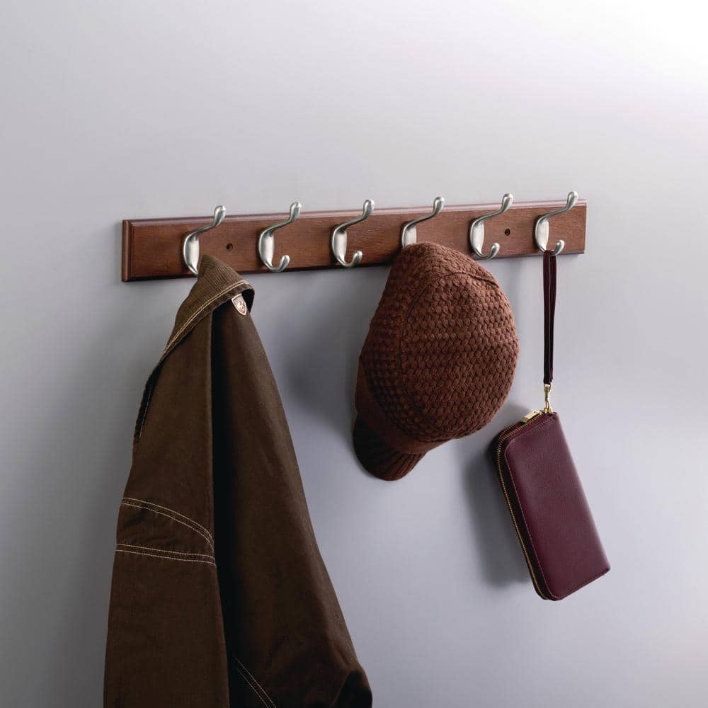 Bark and Satin Nickel 27" Wooden Coat Rack with 6 Hooks