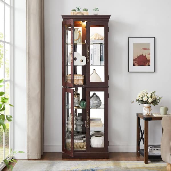 71 in. H Cherry Glass Display Cabinet, Accent Storage Cabinet with LED Lighted Curio w/ Adjustable Shelves & Wood Frame
