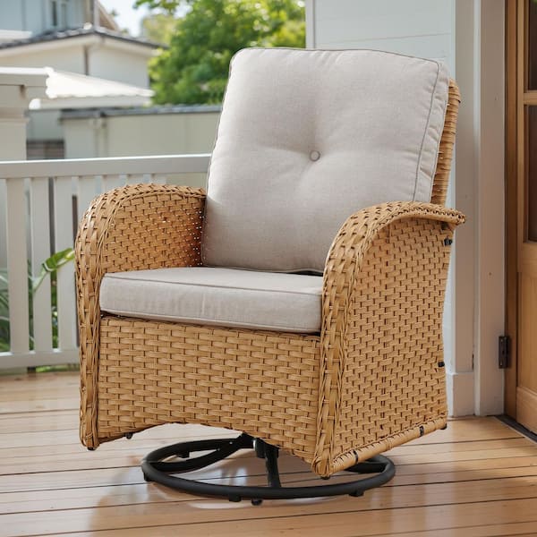 Opohoro Yellow Wicker Outdoor Rocking Chair, Patio Swivel Rocking Chair with Beige Cushions for Porch or Balcony (1-Pack)