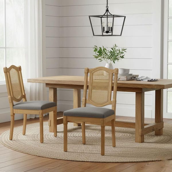 CCBD Solid Wood Cane-Back Linen Upholstered Dining Chair Set in Cane Charcoal (Set of 2)