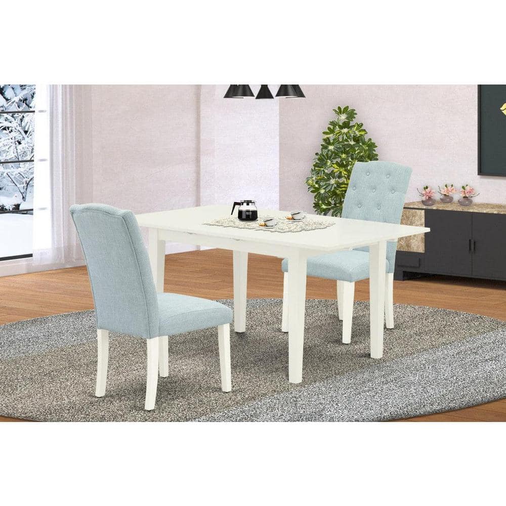 3-Piece Linen White Finish Rectangular Solid Wood Top With Butterfly Leaf Dining Table Set