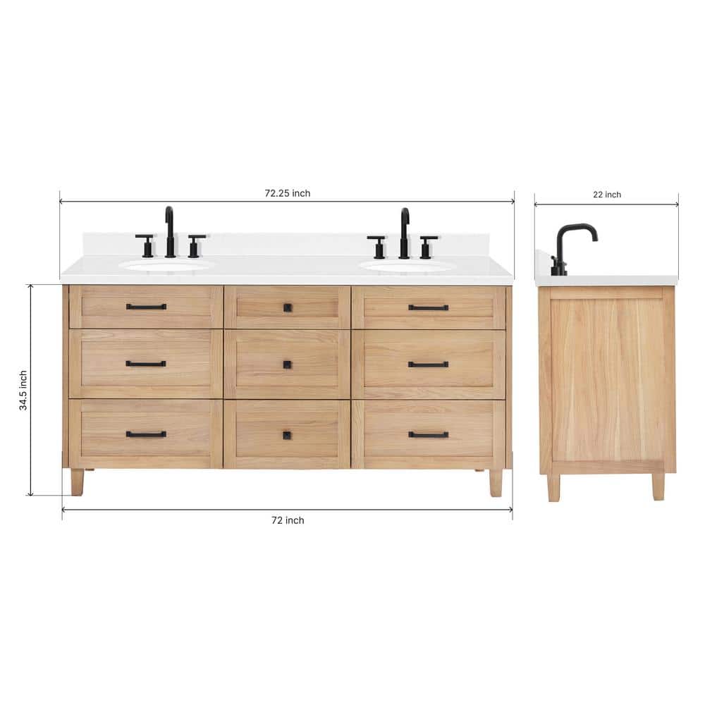 Monroe 72" Oak Double Sink Vanity with Carrara Quartz Top
