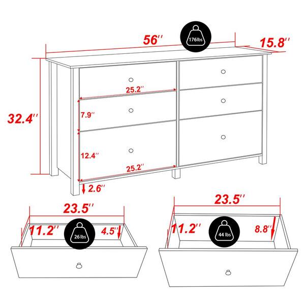 how long is a standard dresser FUFU&GAGA White Wooden 63 in. Width Wooden 12 Drawer Dresser, Storage Cabinet Console with Wooden Legs, European Style KF390033-01-c