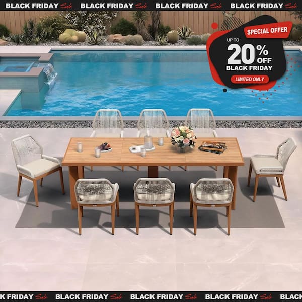 9-Piece Aluminum Outdoor Dining Set Teak Patio Furniture Set Wicker Table and Chairs with Cushions