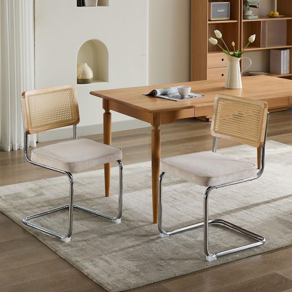 Unbranded Beige Velvet Mid Century Modern Dining Chairs Upholstered Accent Chairs with Stainless Chrome Base (Set of 2)