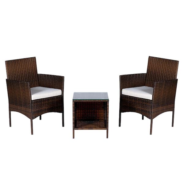 Tatayosi Brown 3-Piece PE Wicker Square Steel Frame Table 17 in. H. Outdoor Bistro Set with Beige Cushion