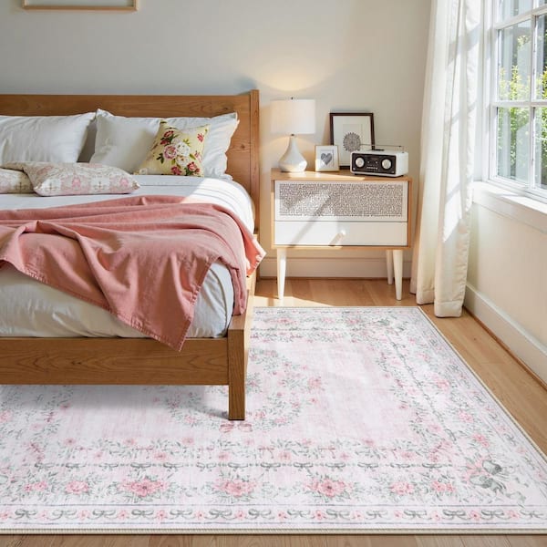 Boho Vintage Floral Plant Washable Pink Stain Resistant Non Slip Backing 8 ft. x 10 ft. Area Rug