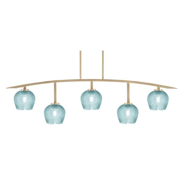 Unbranded Siena 51.25 in. 5-Light New Age Brass Chandelier with 6 in. Turquoise Textured Glass Shades, no bulbs included