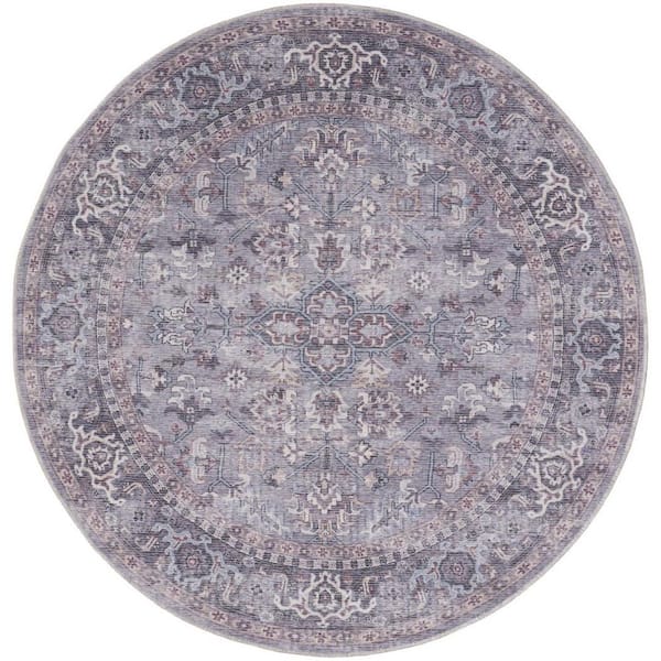 5 ft. Round Blue Floral Washable Area Rug