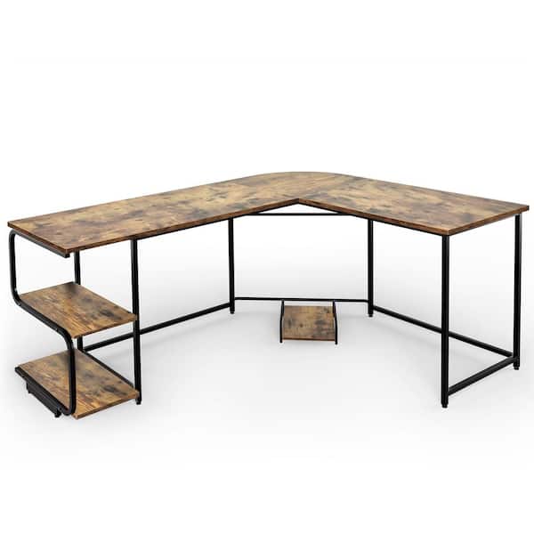 Costway 69 in. L-Shaped Rustic Brown Wood Computer Desk with Shelves