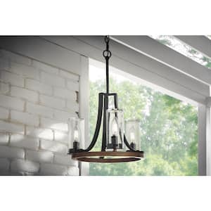 Ellena 3-Light Matte Black and Maple Tone Outdoor Chandelier with Seedy Glass