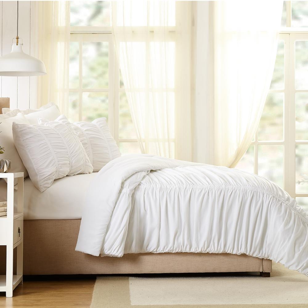Emily White Ruched Polyester Full Comforter Set
