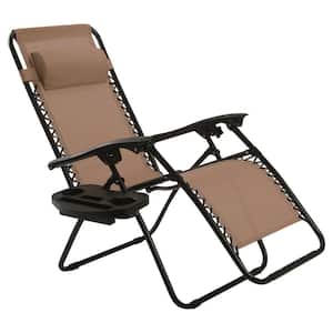 Folding Metal Zero Gravity Reclining Outdoor Lounge Chair with Cup Holder Tray and Headrest in Brown