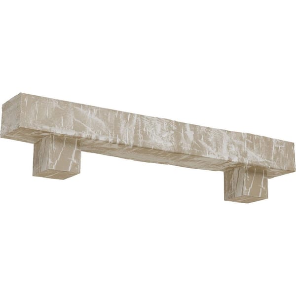 Ekena Millwork 4 in. x 8 in. x 3 ft. Hand Hewn Faux Wood Fireplace Mantel Kit, Alamo Corbels, Whitewashed