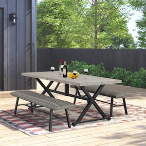 3-Piece Metal Steel Outdoor Dining Set with Rectangle Table and 2 Wicker Benches