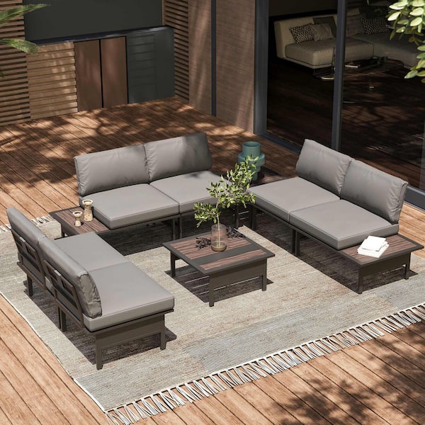 LAUSAINT HOME Gray 8-Piece Metal Patio Conversation Set with Gray Cushions and Coffee Table