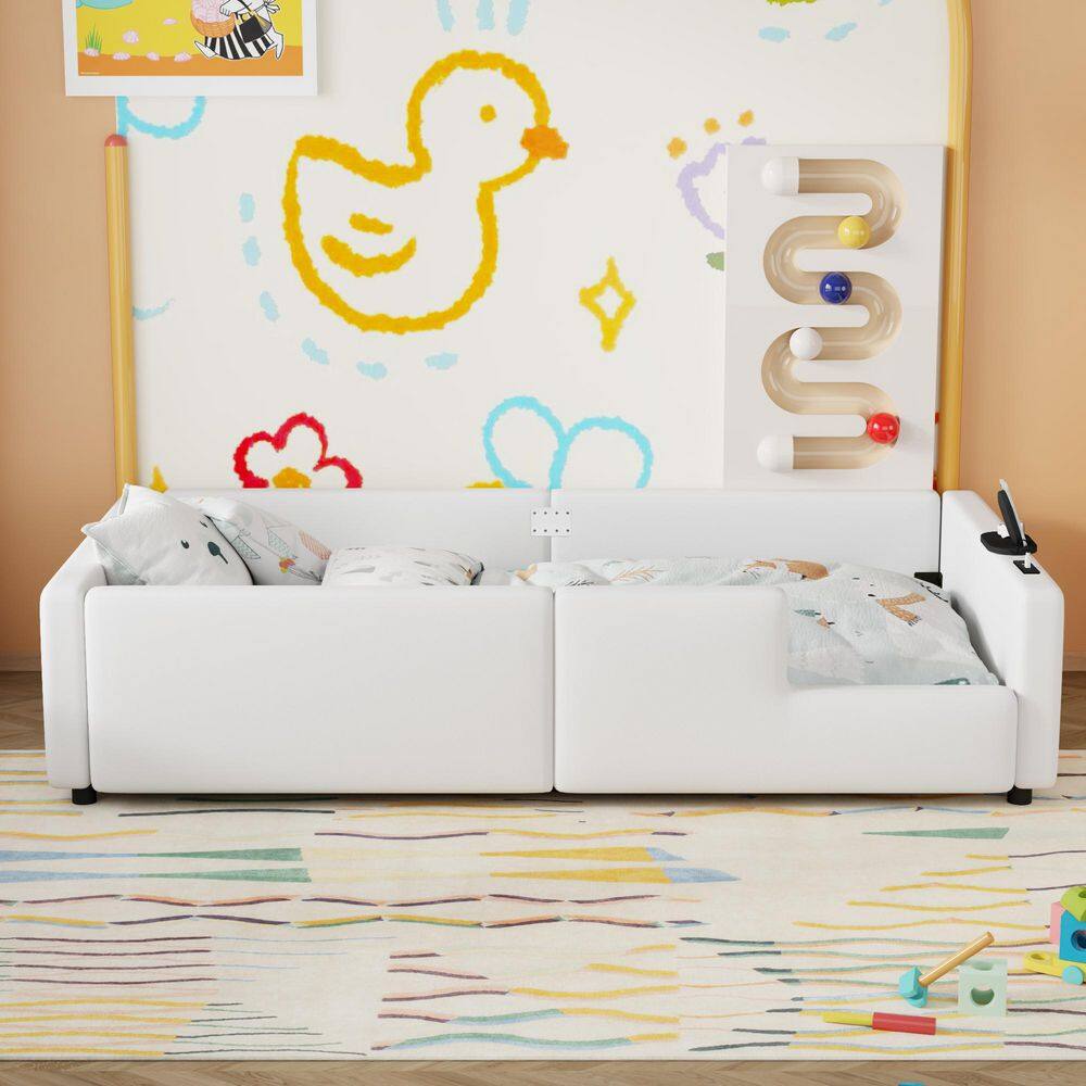 White Wood Frame Twin Upholstered Platform Bed with Guardrail and Charging Station price history on PriceWatchPro