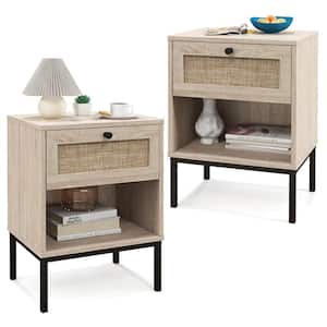 2PCS Oak 1 Drawer Rattan Nightstand Boho End Table with Open Shelf for Living Room