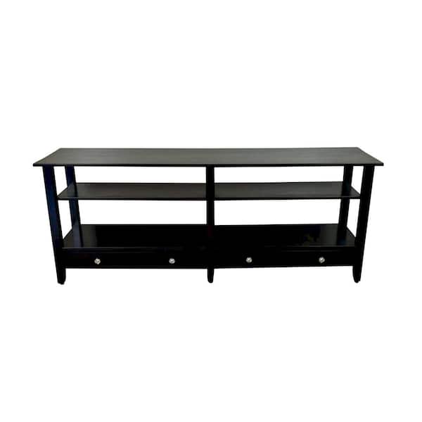 Unbranded Acacia Wood Black Finish TV Stand Fits up to 75 in. TV with Shelf and Drawers