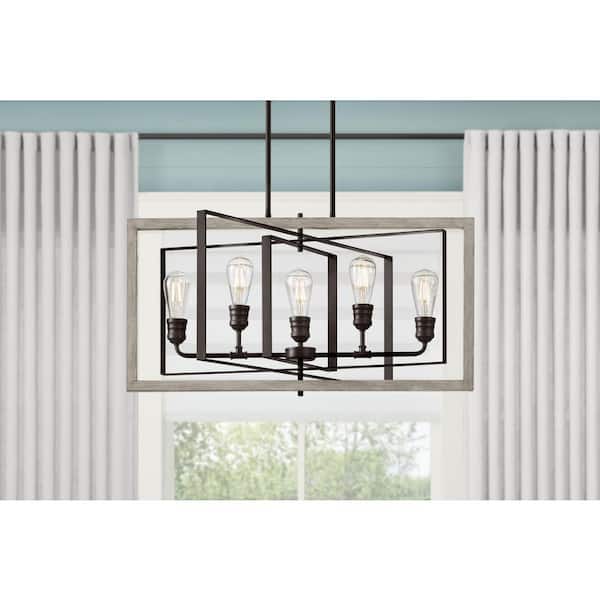 Home Decorators Collection Palermo Grove 5-Light Graphite Linear Rectangular Chandelier with Oak Accents, Rustic Farmhouse Dining Room Chandelier