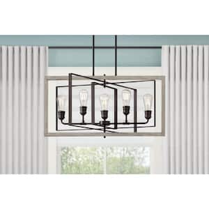Palermo Grove 5-Light Graphite Linear Rectangular Chandelier with Oak Accents, Rustic Farmhouse Dining Room Chandelier
