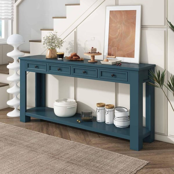 Polibi 63 in. Dark Blue Rectangle Wood Console Table with Storage Drawers and Bottom Shelf for Entryway HallwayDark Blue