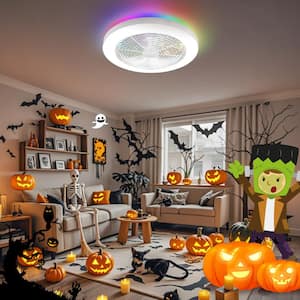 19.7 in. Smart Indoor White Low Profile RGB Alexa Google Assistant Flush Mount Ceiling Fan Light with LED with Remote