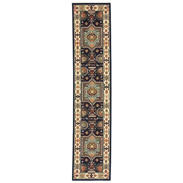 Lillian Blue/Ivory 2 ft. x 12 ft. Traditional Oriental Medallion Wool/Nylon Blend Fringed-Edge Indoor Runner Area Rug
