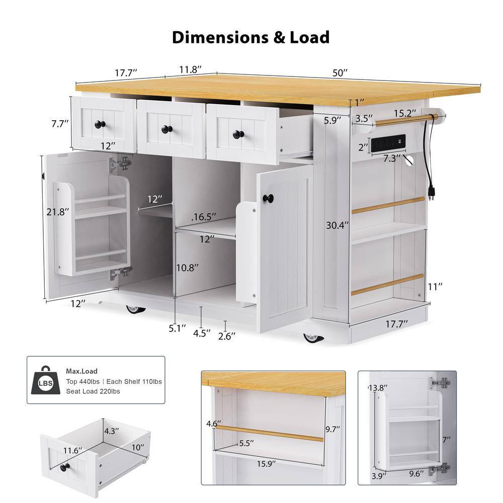 Farmhouse White Drop Leaf Wood Kitchen Island with Power Outlet and Adjustable Shelves