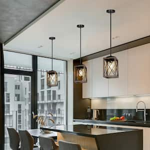 60-Watt 1-Light Farmhouse Pendant Light with Brown Wooden Grain Finish Shade, No Bulbs Included