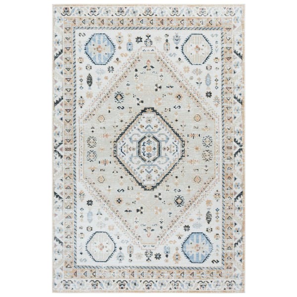 Bayside Ivory/Beige Blue 9 ft. x 12 ft. Machine Washable Traditional Medallion Area Rug