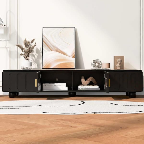 Polibi Modern Black TV Stand Fits TV's Up to 80 in. with Glass Door