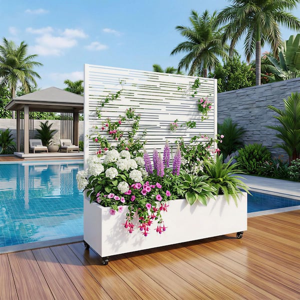 SpassWay White Galvanized Steel Planter Box with Trellis and