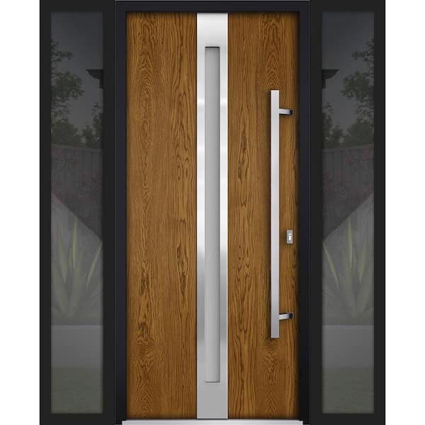 VDOMDOORS 60 in. x 80 in. Left-Hand/Inswing 2 Sidelights Frosted Glass Natural Oak Steel Prehung Front Door with Hardware
