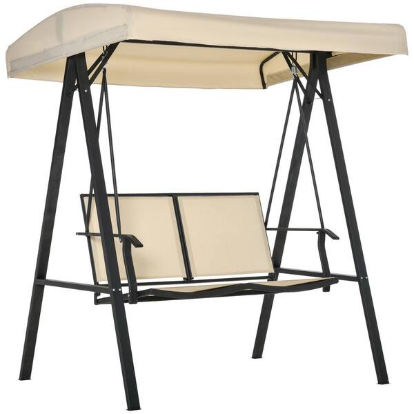 Otryad 2-Person Metal Patio Swings with Canopy, Outdoor Canopy Swing with Adjustable Shade, Breathable Mesh Seats