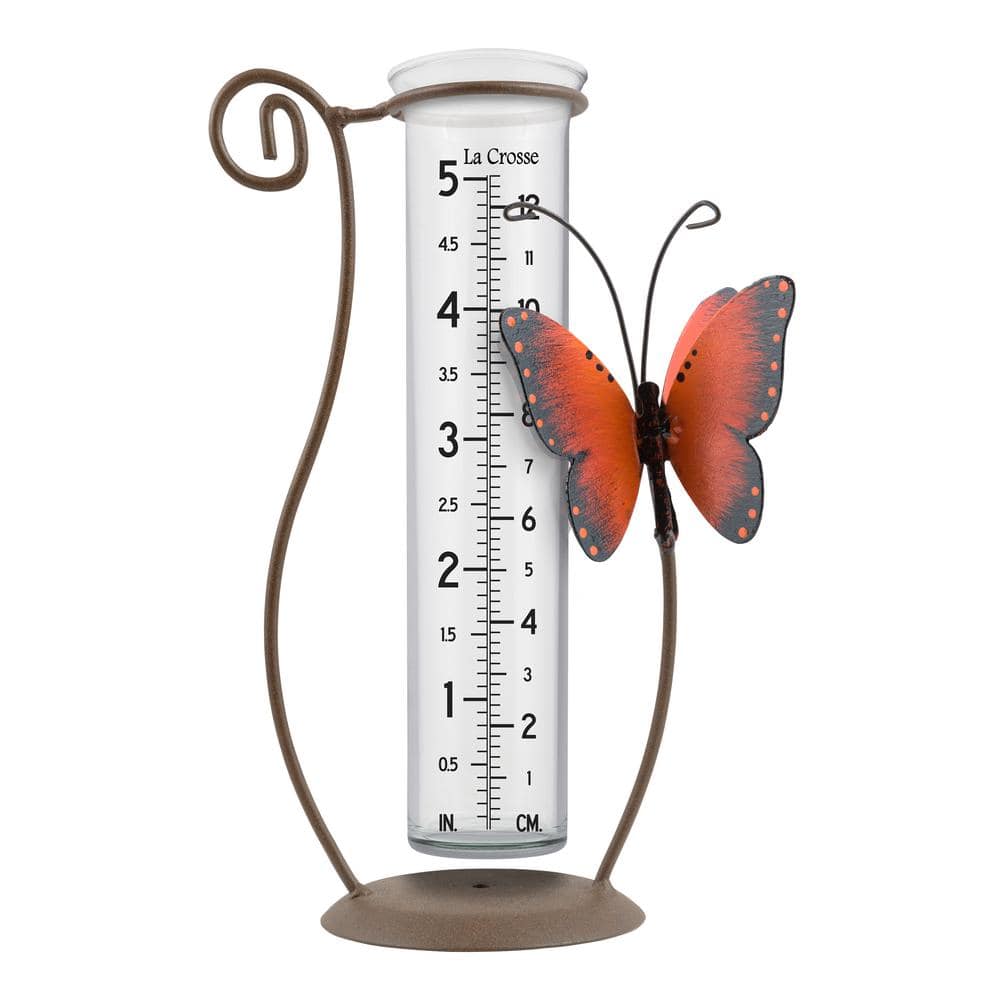 Handcrafted Glass Rain Gauge with Orange Butterfly and Metal Stand