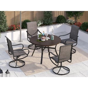 Black 5-Piece Metal Outdoor Patio Dining Set with Wood-Look Round Table and Padded Textilene Swivel Chairs
