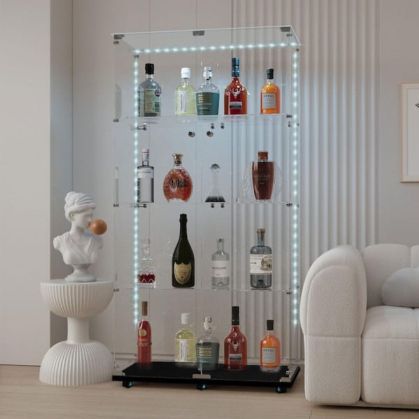 65 in. Tall Black Lockable Glass Display 4-Shelves Bookcase with Bluetooth LED Strip for Wine Cabinet Storage Toys