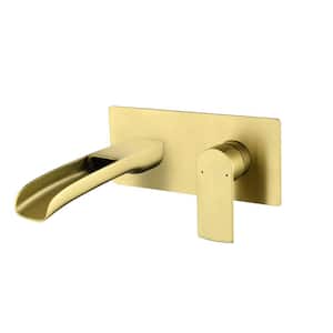 Single Handle Wall Mounted Bathroom Faucet 2 Hole Waterfall Brass Bathroom Basin Taps in Brushed Gold