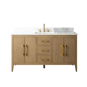60 in. W x 22 in. D x 34 in. H Single-Sink Bathroom Vanity in Natural Oak with Engineered Marble Top in Arabescato White