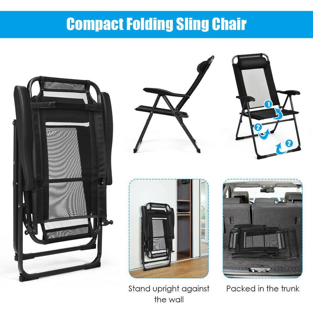 Black Adjustable Reclining Folding Patio Chairs with Headrests, Set of 4