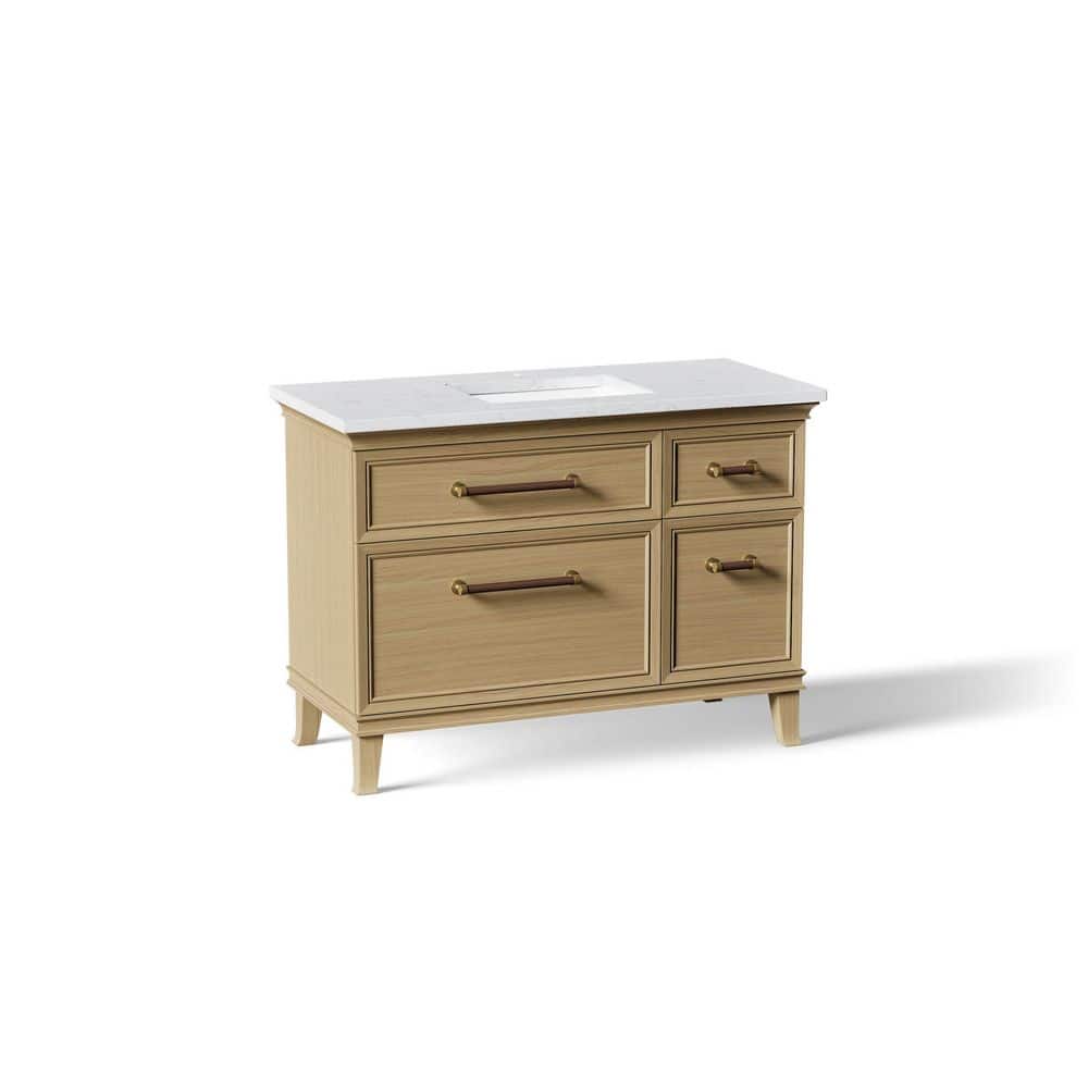 Artifacts 48 in. Freestanding Light Oak Bath Vanity with White Eternal Statuario Quartz Top And Brass Hardware