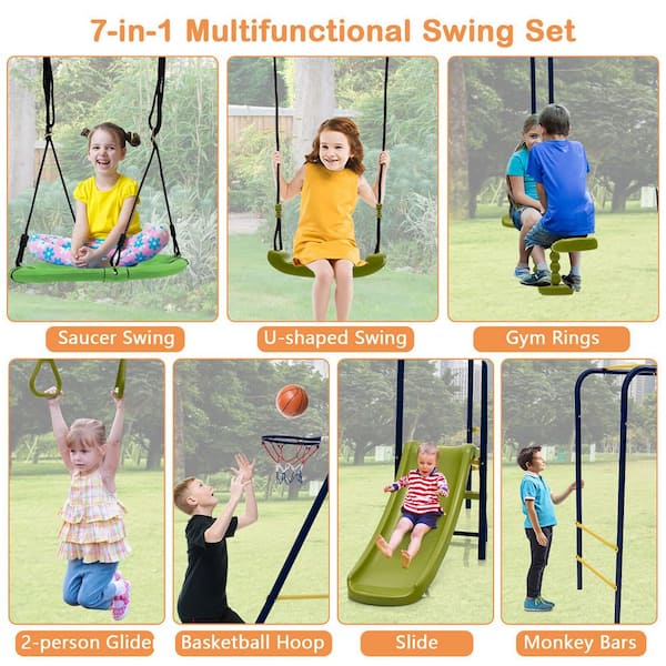 Gymax 660 lbs. Kids Metal Swing Set for Backyard 7-in-1